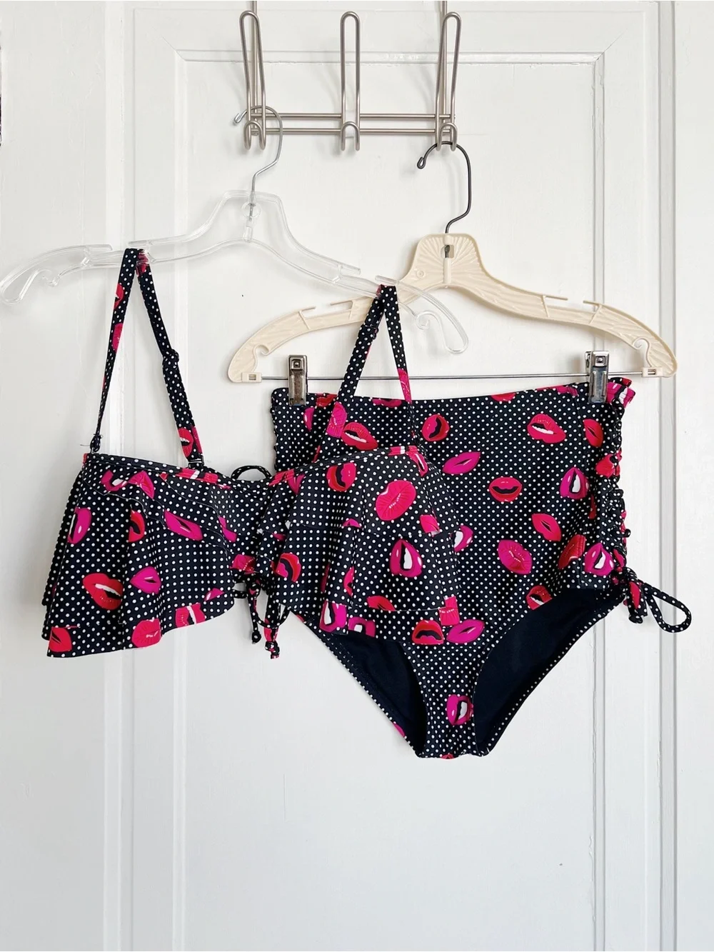 Unique Vintage • bikini swimsuit black polkadot lip print high waisted two piece